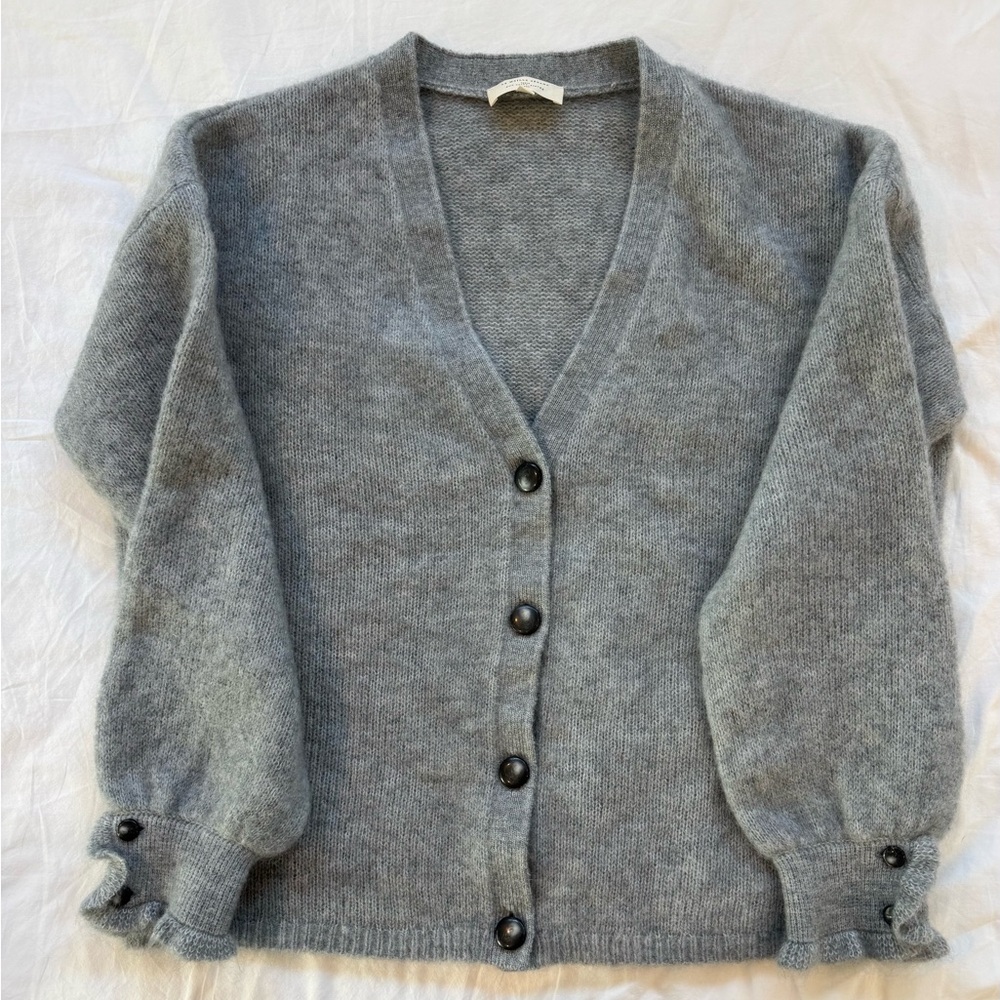 RARE La Maille Sezane Mohair cardigan sweater ruffle cuffs XL Grey